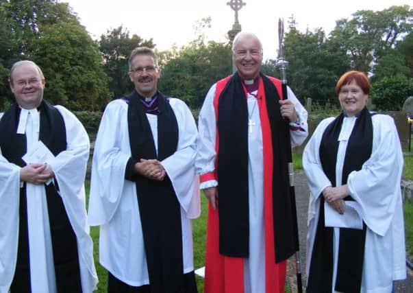 Welcoming the new Rector of Quarrington. From left - Archdeacon of Lincoln the Venerable Gavin Kirk, Rev Mark Thomson, Bishop of Lincoln the Rt Rev Christopher Lowson and Rural Dean of Lafford Canon Christine Pennock. EMN-160609-124957001