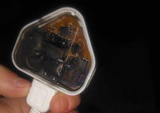 The charred plug of the lead bought to charge a Samsung S5. ANL-160922-173428001
