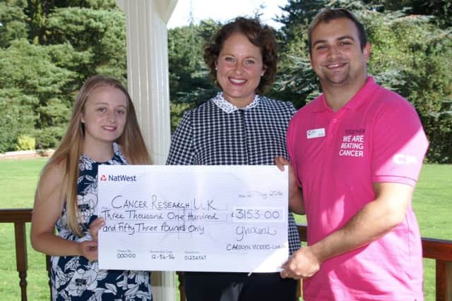 Maia Wilkinson,17, and Carolyn Vickers-Lingard,50, hands over £3,153 to Ben Petts, Local fundraising manager for Cancer Research UK last week at fundraising ball venue, Kenwick Park Hotel in Louth.