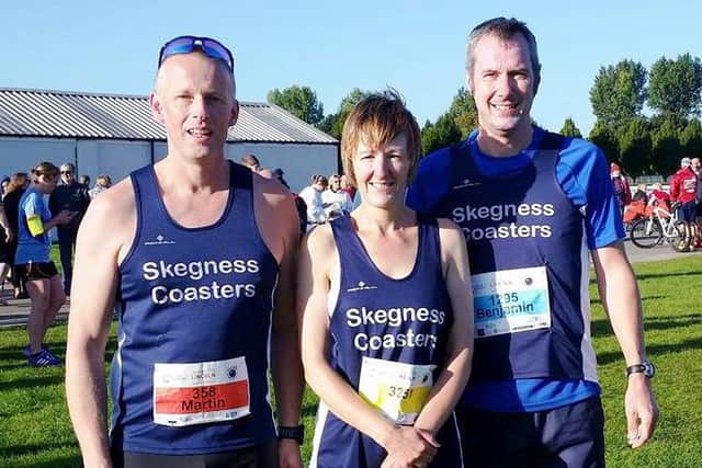 Skegness Coasters trio Martin Jessop (left), Carole Tumber and Ben Peel at the Lincoln Half EMN-160310-163930002