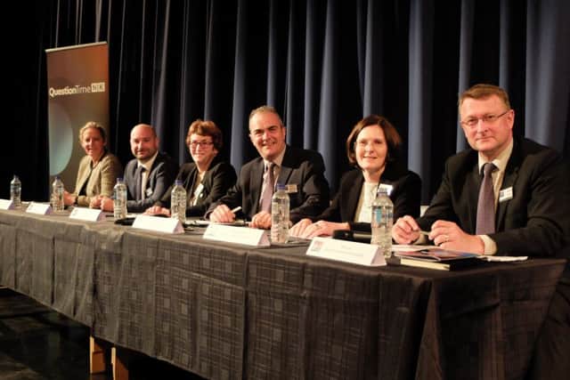 Compere Melvyn Prior and pannellists at the Question Time NK event. EMN-160710-165940001