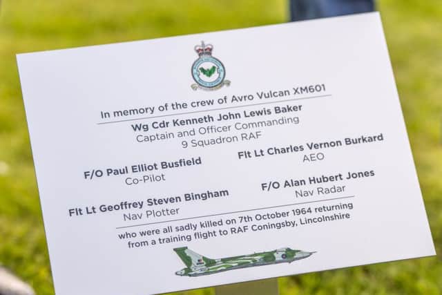 Clockwise from top, the memorial service; the Aviation Heritage Centres Lancaster Bomber;  the plaque dedicated to the dead airmen; and thethe family of  crash victim Flt Lt Charles Vernon Burkard