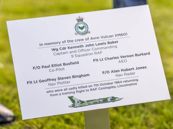 Clockwise from top, the memorial service; the Aviation Heritage Centres Lancaster Bomber;  the plaque dedicated to the dead airmen; and thethe family of  crash victim Flt Lt Charles Vernon Burkard