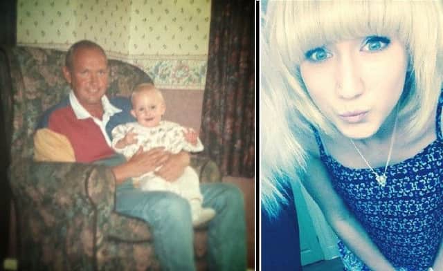 Chloe Clarke with her grandad Robert Stephenson in the mid-1990s (left) and Chloe today (right).