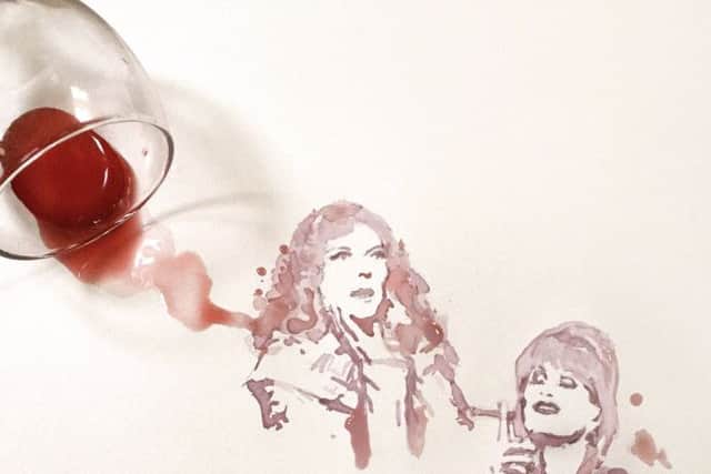 Exhibiting artist Rosie Ablewhite created Jennifer Saunders using red wine. Credit Rosie Ablewhite EMN-161013-132312001