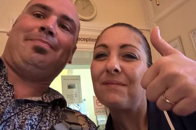 Colin Mackinder gets a thumbs up from carer Lisa Lynch at Roxholm Care Home. EMN-161013-174307001