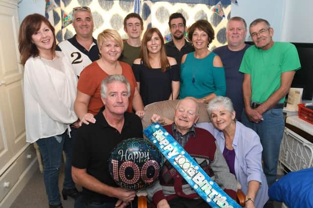 Harry Lloyd of Skegness celebrating his 100th birthday. Pictured with family members Front L-R Richard Lloyd - son, Patricia Foulstone - daughter. Back L-R Catheryn Edwards, Nighel Pettit - grandson, Louisa Perkins - grand daughter, Connor Moore, Jaye Perkins - great grandson, Adam Lloyd - grandson, Andrea Lloyd - daughter-in-law, Neil Pettit - grandson, Ian Foulstone - son-in-law.