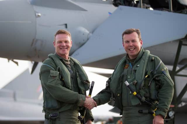 Station Commander at Coningsby, Group Captain Jez Attridge today handed over responsibility for the base to the incoming Station Commander, Group Captain Mike Baulkwill.
The new Station Commander has served at Coningsby on a previous tour with No XI (Fighter) Squadron.
The Lincolnshire base is the home of two operational Typhoon Squadrons, (3 and XI Squadrons) the Typhoon OCU (29 Squadron) and the Test and Evaluation Squadron (41 Squadron).
Photo By:- SAC Jack Welson(RAF)
For further information contact RAF Coningsby Photographic Section:
Photographic Section
RAF Coningsby
Lincs
LN4 4SY
Tel: 01526 347386 EMN-160311-141252001