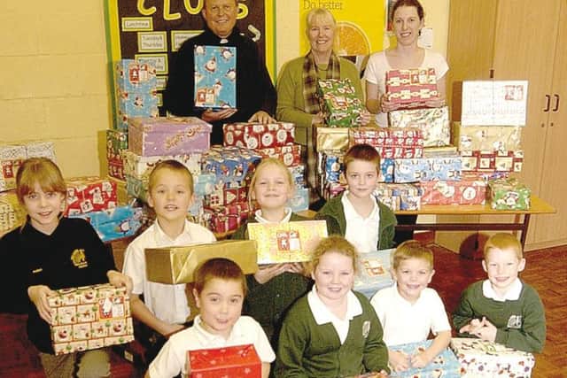 Old Leake Primary School pupils with their shoeboxes.
