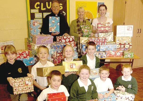 Old Leake Primary School pupils with their shoeboxes.