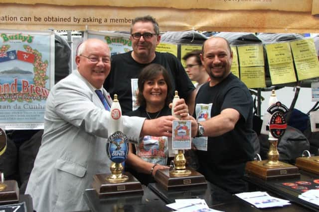 The launch of Island Brew at the Great British Beer Festival 2015 in London. (Left to right: Chris Bates, Martin Brunnschweiler, Dawn Repetto and Robin Repetto).