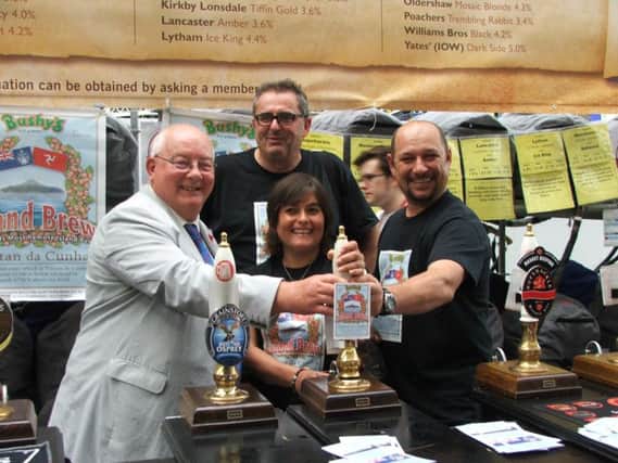 The launch of Island Brew at the Great British Beer Festival 2015 in  London. (Left to right: Chris Bates, Martin Brunnschweiler, Dawn Repetto and Robin Repetto).