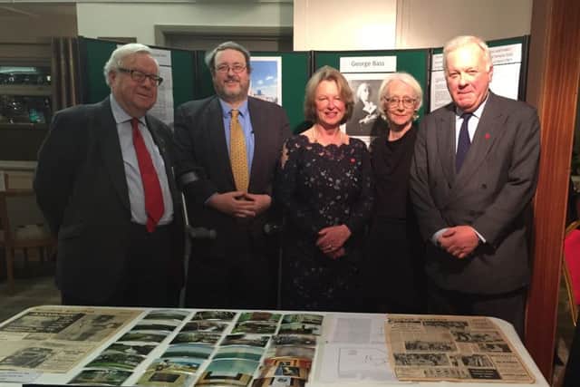 From left - speaker Lord Patrick Cormack, Heritage Lottery Fund committee member David Stocker, HLF bid co-ordinator Sonia Playne, the High Sheriff of Lincolnshire Jill Hughes and Lord Lieutenant of Lincolnshire Toby Dennis standing with a display on Aswarby Church and its links with George Bass and Australia. EMN-161120-122110001