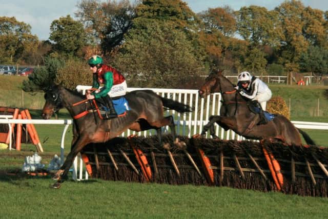 Oscar Rock leads over a flight in the straight before winning the feature race at Market Rasen EMN-161121-120847002