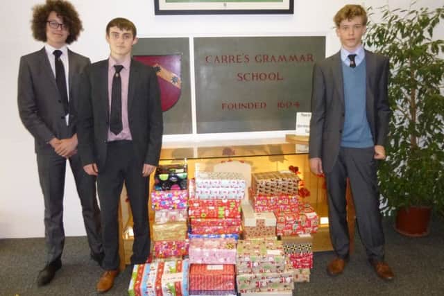 Carre's students with their 41 Operation Christmas Child boxes collected. EMN-160212-163108001