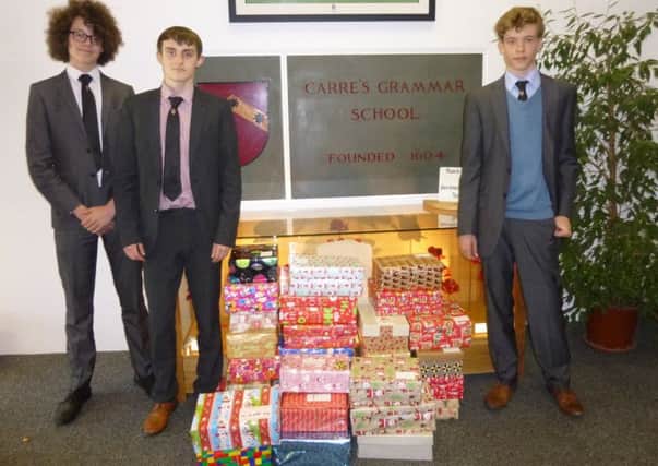 Carre's students with their 41 Operation Christmas Child boxes collected. EMN-160212-163108001