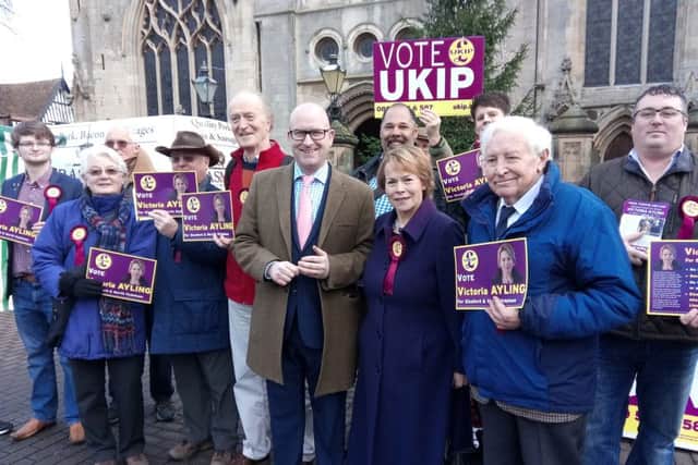 UKIP leader Paul Nuttall with candidate Victoria Ayling and UKIP supporters in Sleaford Market Place.