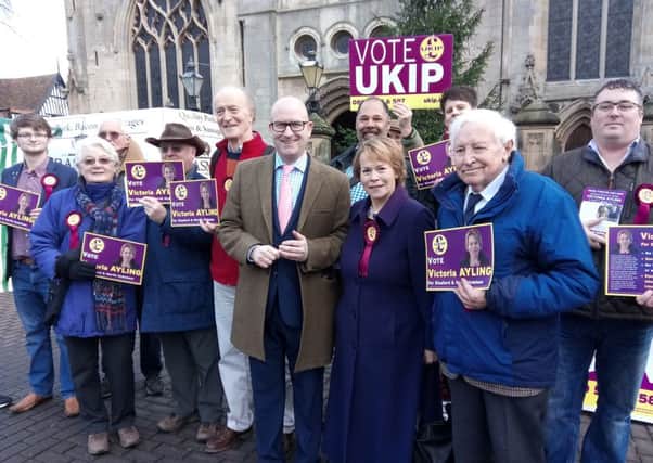 UKIP leader Paul Nuttall with candidate Victoria Ayling and UKIP supporters in Sleaford Market Place.