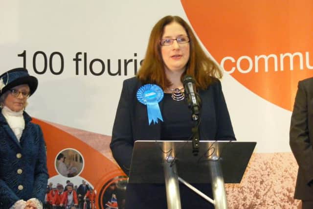 Caroline Johnson makes her acceptance speech after her win for the Tories. EMN-160912-035006001
