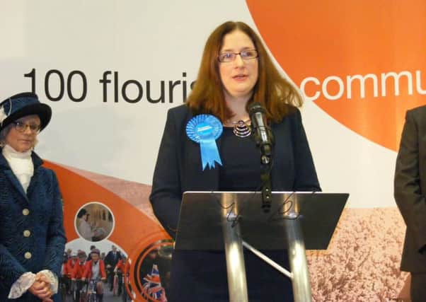 Caroline Johnson makes her acceptance speech after her win for the Tories. EMN-160912-035006001