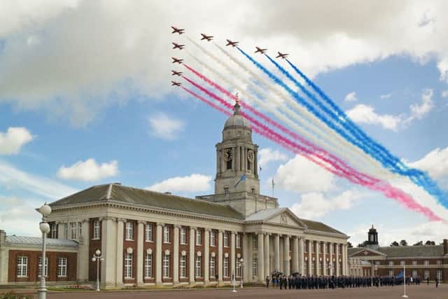 Personnel from RAF College Cranwell will celebrate being awarded their Freedom of Sleaford with a parade through the town on Sunday. The Red Arrows pictured flying over RAF College Cranwell. EMN-161219-192738001