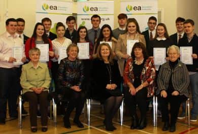 Back Row: Benjamin Sidor Friends' School, Peter McCreesh St Louis GS; Conall Coyle St Patrick's Academy; Ryan Mulholland Cullybackey College, Oran Harkin, St Joseph's Boys', Mark McAlister and Cain Duckworth Friends' School. Middle Row: Cormac Quinn St Patrick's Academy and Meabh O'Faolain St Patrick's Academy, Abbi Taylor Bloomfield Collegiate College, Cara Coyle St Patrick's Academy, Emma Rose McEldowney St Colm's HS, Ciara McAuley St Mary's GS, Kymberley Douglas Fort Hill Int College, Zachary Duckworth Friends' School. Front Row: EA Board Members Sr Chris Hegarty and Rosemary Rainey pictured with Dr Clare Mangan EA Director of CYPS, Sharon O'Connor EA Chairperson and Pat Carville Chair of CYPS Cttee.
