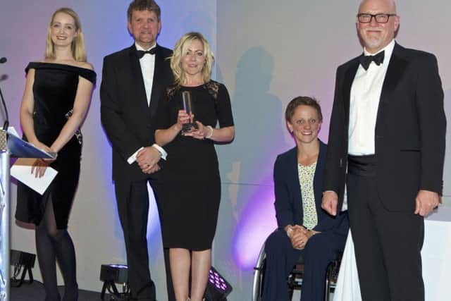 Cat Dean, from sponsor of emerging leader category) Paul ONeill, EMLA director, Lara Murfet, Emma Wiggs, paralympian and Gavin Boyle EMLA chairman EMN-161220-170927001