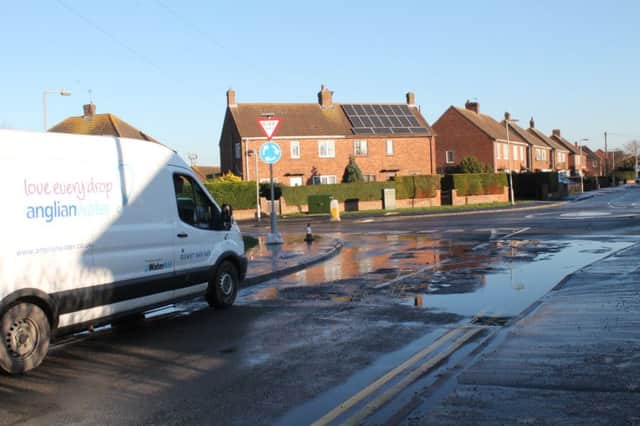 The burst water mains at the junction of St Bernard's Avenue and Monks' Dyke Road, Louth.