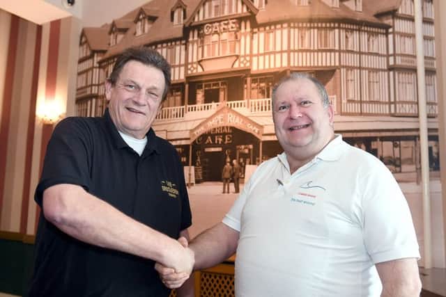 Russell Sparkes (left), of the Grosvenor House Hotel, with Chris Tucker, of Coastal Sound. Photo: MSKP-070117-60 ANL-170901-115938001