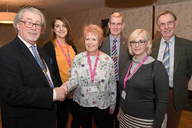 Dennis Bambridge, president of Rotary club, Tracy Johnson, family support co-ordinator,  Judi Kay, area manager for Boston and South Holland, Bob Skinner, treasurer, Karen Reid, family support co-ordinator, Brian Wookey, community support chairman for Rotary club. EMN-171001-123429001