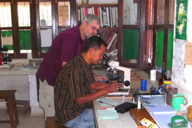 Richard Waller visits a laboratory at Lalgadh Leprosy Hospital in Nepal