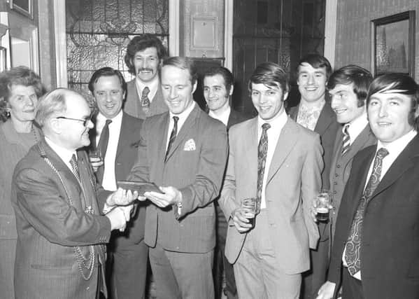 Pictured (from left) The Mayoress, the Mayor, chairman of Boston United directors Sid Burgess, players Malcolm White, Jim Smith, Cliff Wright, John Lakin, Billy Howells, Bobby Svarc, and administrative assistant John Blackwell. EMN-171101-133205001
