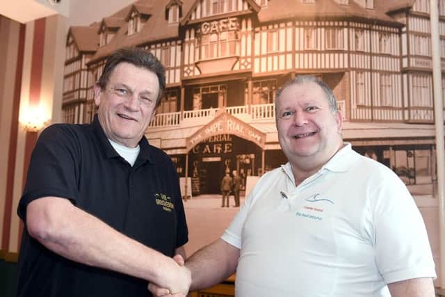 Russell Sparkes (left, the owner of the Grosvenor Hotel and Chris Tucker, of Coastal Sound. Photo: MSKP-070117-60 ANL-170901-115938001