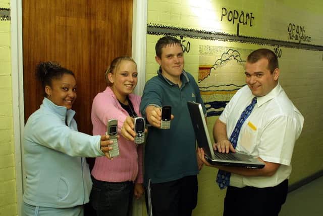 Chelci Howard with Stacey Browne and Luke Drury plus the Earl of Scarbrough School exam co-ordinator Chris West in June 2004.
