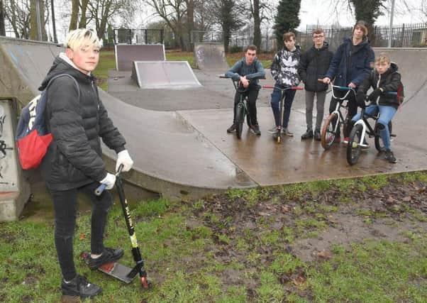 13-year-old Hazel Summerfield who has started a petition to get a new skatepark in Boston. Pictured near old skatepark on Skirbeck Road are L-R Hazel Summerfield 13, Brandon Wheatley 17, Guy Bagshaw 14, Jack Baines 14, Kajtek Fedkowicz 16 and Kyle Taylor 15.