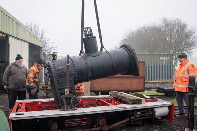 Jurassic's boiler and firebox are lowered gently into the frames in Skegness on return from the North Norfolk Railway's workshops. Picture: Dave Enefer, LCLR.