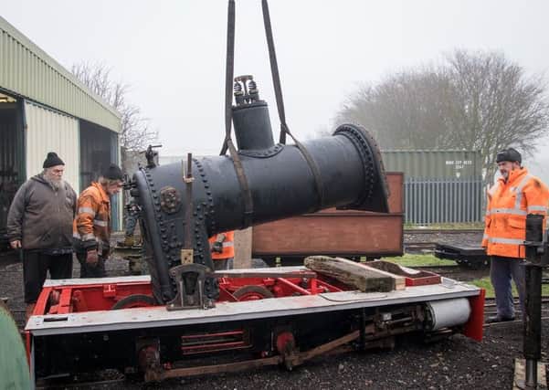 Jurassic's boiler and firebox are lowered gently into the frames in Skegness on return from the North Norfolk Railway's workshops. Picture: Dave Enefer, LCLR.