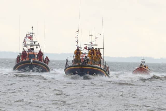 The new Skegness Lifeboat, the Joel and April Grunnill, arrives at Skegness accompanied by the Lincolnshire Poacher and the inshore lifeboat. ANL-170130-112317001