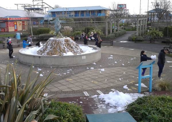 Trouble bubbling. Suds in the Compass Gardens fountain. Photo: David Seymour ANL-170602-095544001