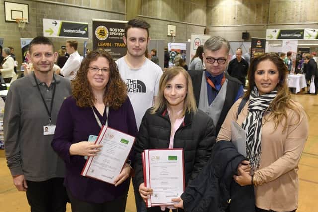 Jobs Fair at Peter Paine sports centre, boston. L-R Dean Sayles, Donna Garrard, Leroy Ringwood, Myla Smith, Stuart Roberts and Matt Warman's case worker Ayesha Virk.