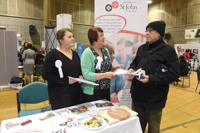 Jobs Fair at Peter Paine sports centre, boston. L-R Sara McCartney and Jean Bamber of Order of St John Care Trust with Paul Cousins of Boston.