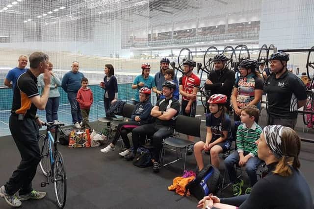 Tri3 Sleaford Triathlon Club members get some tips about track cycling EMN-170216-095821002