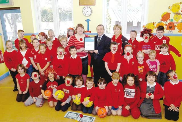 Goal! Celebrating FA Charter Status (and Red Nose Day) at Wrangle Primary School in March 2007.