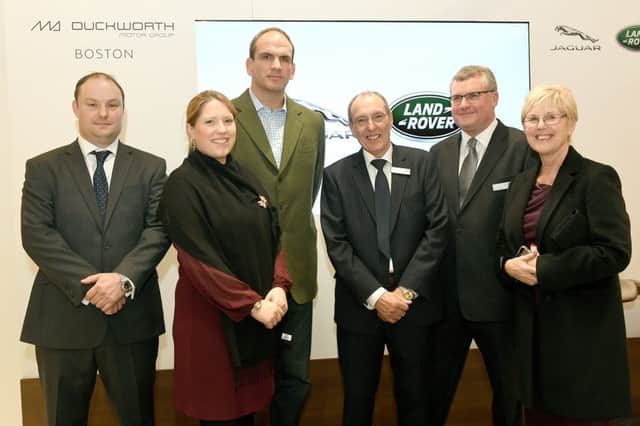 Official opening of Duckworth's new Jaguar Landrover showroom at Kirton, with special guest Martin Johnson. L-R Ben Duckworth, Sophie Foster, Martin Johnson, Martin Duckworth, Andrew Shaw, Sally Duckworth.