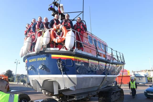 Skegness' old lifeboat leaving Skegness. Left to right are Tony Kelly, Russell Matthews, Matt Jackson, Mick Abbott, Gavin Abbott, Ray Chapman, Dean Sumner. MSKP-060317-15 ANL-170703-143930001