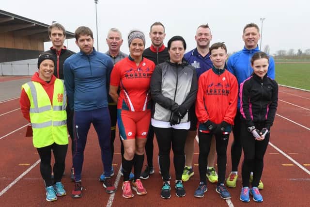 Triathlon club races at Princess Royal Sports Arena, Boston. Club members taking part in the adult race. L-R Liz Cannon, Stuart Elding, CHris Firth, Mark Burrows, Frances Mills, Daniel Riches, Joanne McLeod, Chris Aiken, Cassey Rook, Craig Oliver, Paige Elding.