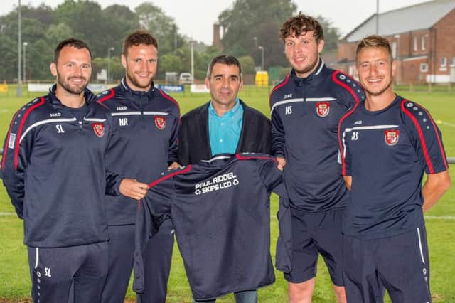 The Horncastle Town management team are seen with tracksuit sponsor Paul Riddel of Paul Riddel Skips Ltd. From left are assistants Steve Lovett and Nathan Rawdon, Paul Riddel, managers Mickey Stones and Andrew Shinn.