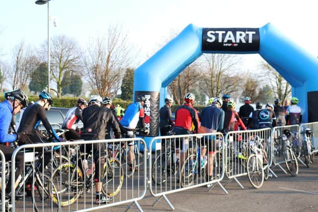 Riders gather at the start line for the Tour of the Wolds Sportive which set off in Louth today (Saturday).