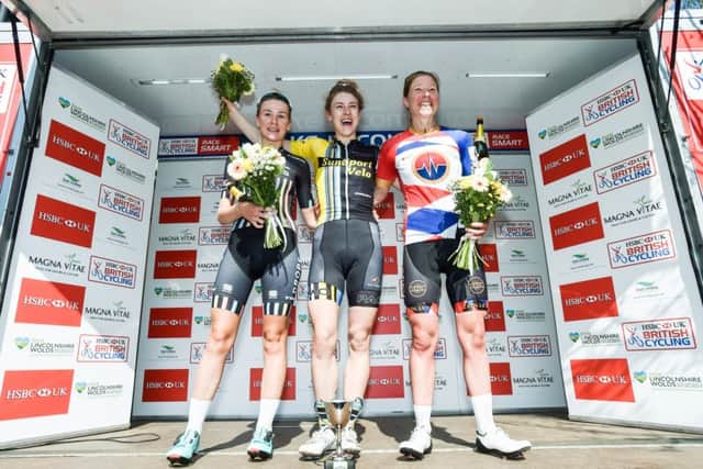 Tour of the Wolds Women's Race: Winner Lizzy Bank (centre) pictured with Anna Christian (left) who came in second and Chanel Mason (right) was third. Photo: John Aron.