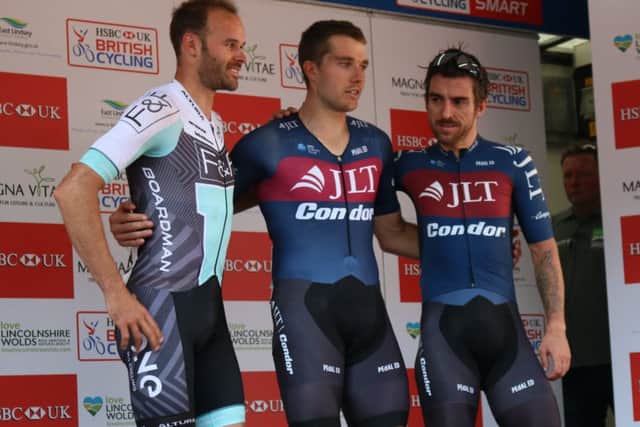 The Tour of the Wolds male winner was Brenton Jones (centre), followed by Steele Von Hoff (left) in second and Brentons team mate, Russ Downing (right) came in third. Photo: Chloe West.